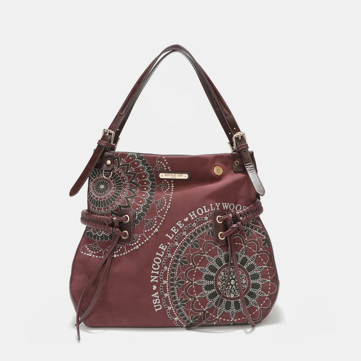 Nicole Lee USA Side Braided Tassel Inlaid Rhinestone Embroidery Hobo Bag.