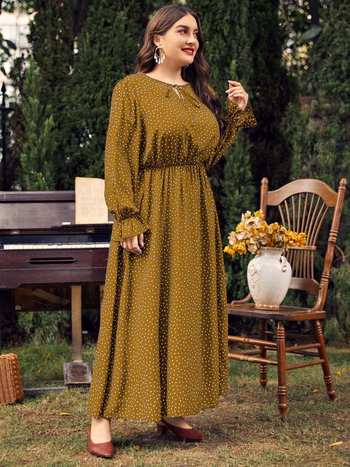 Plus Size Ruffled Polka Dot Long Sleeve Midi Dress.