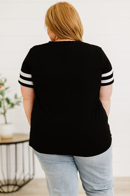 Chic black plus size V-neck tee with striped sleeves