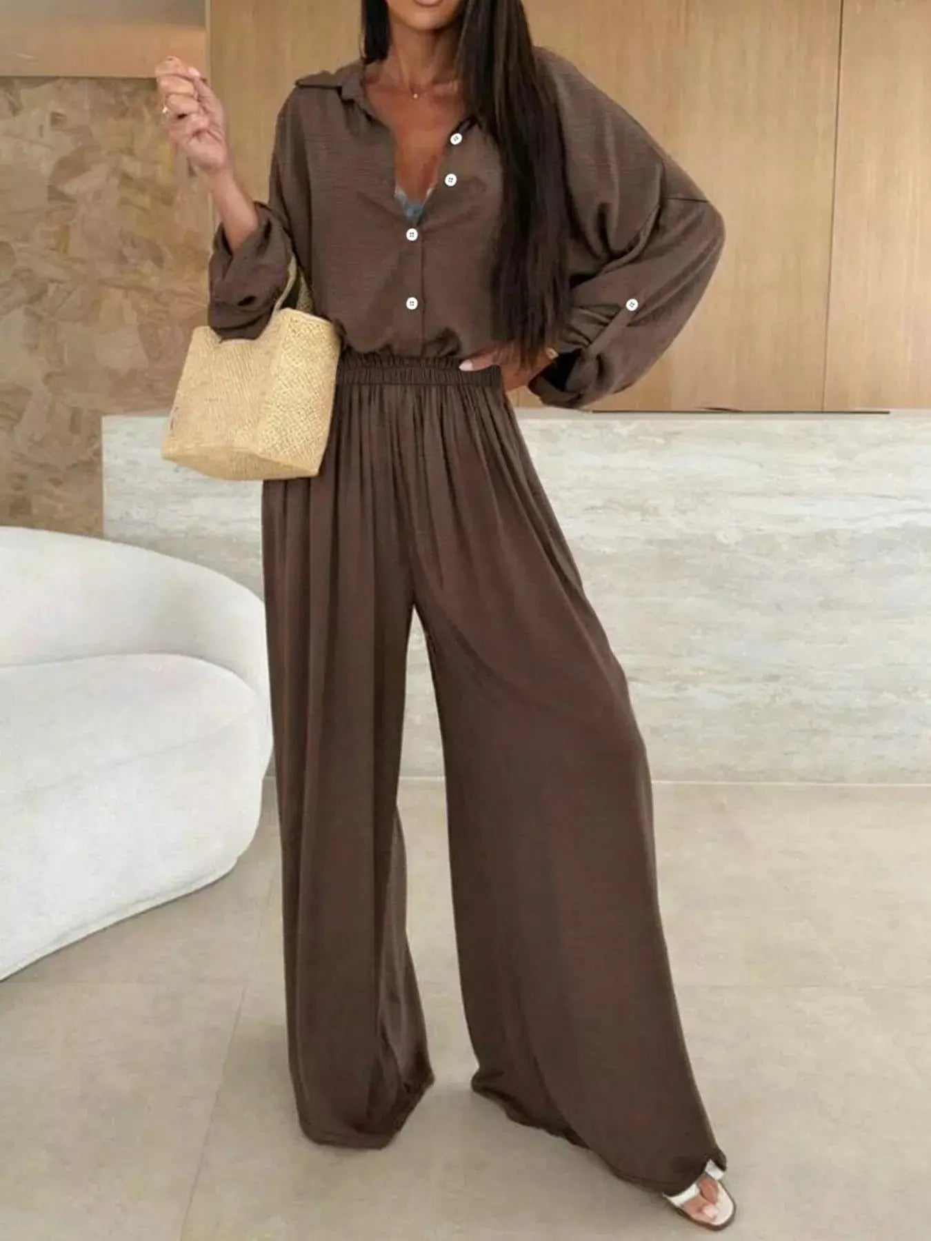 Long Sleeve Shirt and Wide Leg Pants Set Simply Love