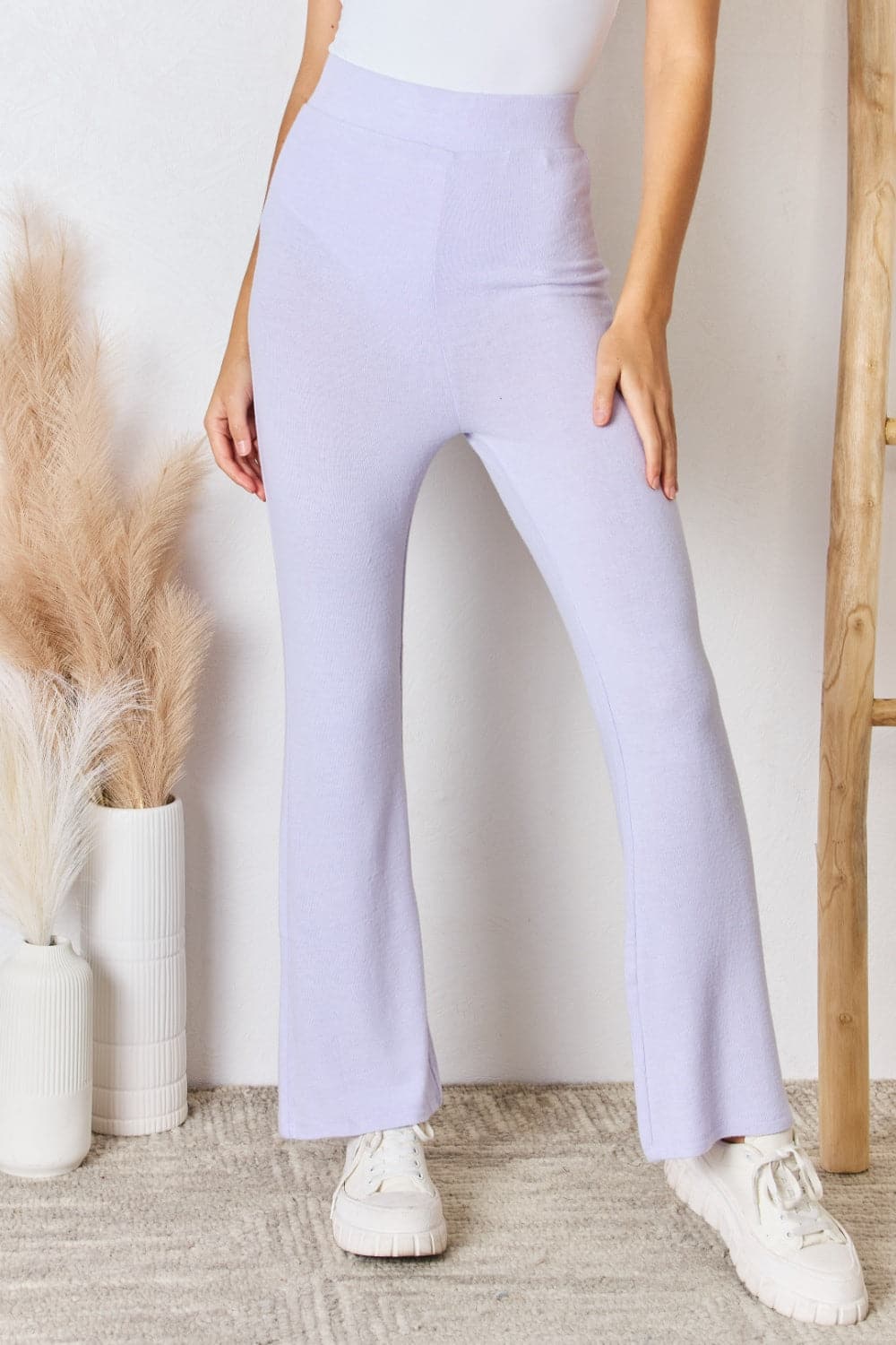 RISEN Full Size High Waist Ultra Soft Knit Flare Pants.