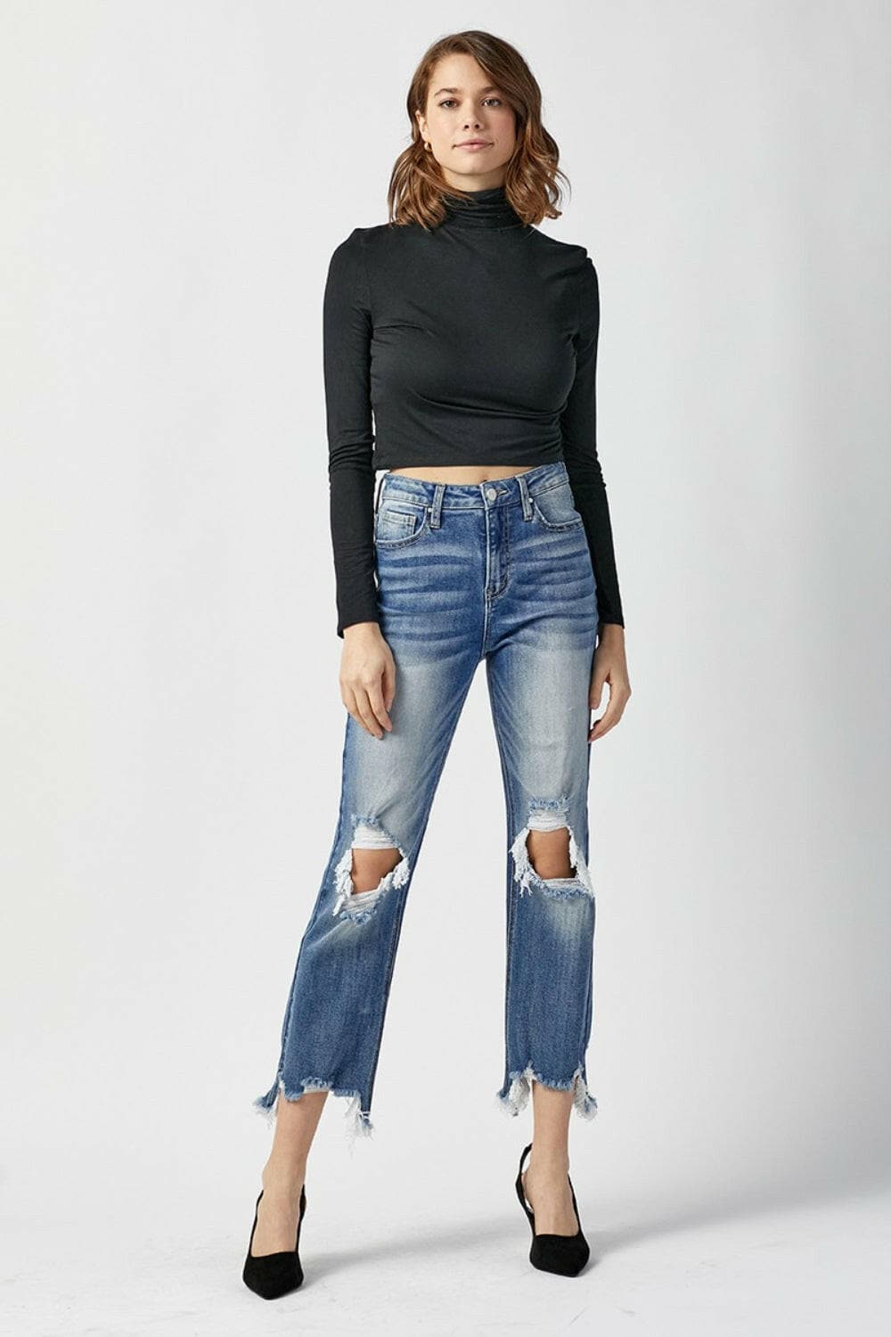 RISEN High Waist Distressed Frayed Hem Cropped Straight Jeans.