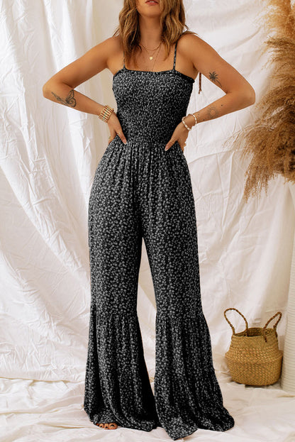 Floral wide-leg jumpsuit with smocked bodice and thin straps