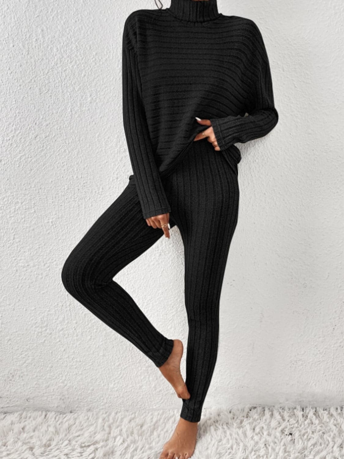 Ribbed Turtleneck Top and Pants Set.