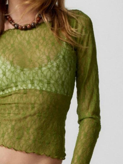 Lace boat neck long sleeve blouse