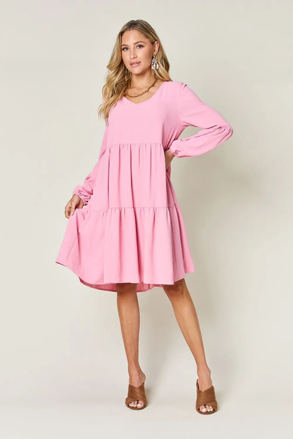 Double Take Full Size V-Neck Balloon Sleeve Tiered Dress - Love Salve