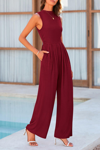 Mock Neck Sleeveless Wide Leg Jumpsuit.