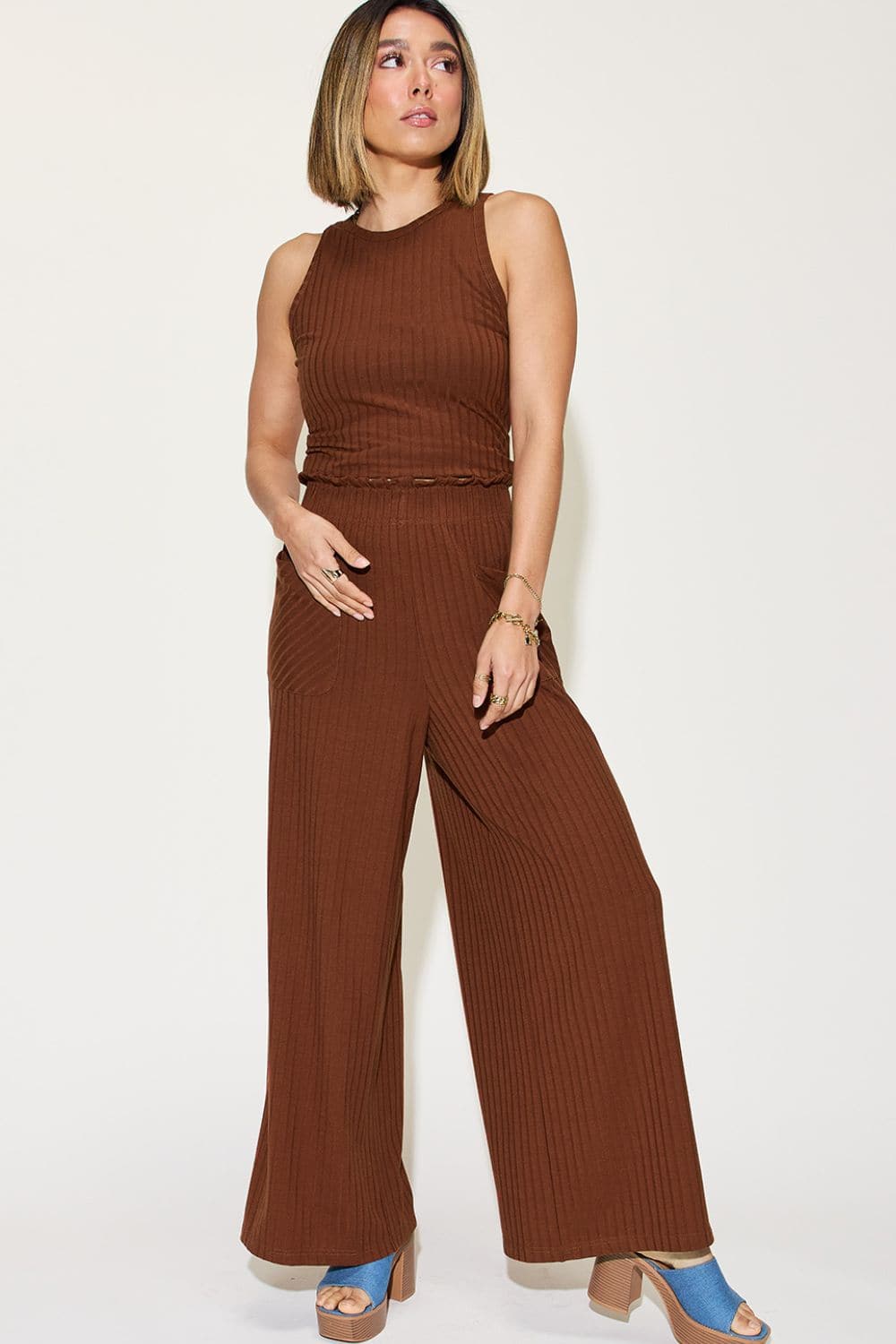 Basic Bae Full Size Ribbed Tank and Wide Leg Pants Set.