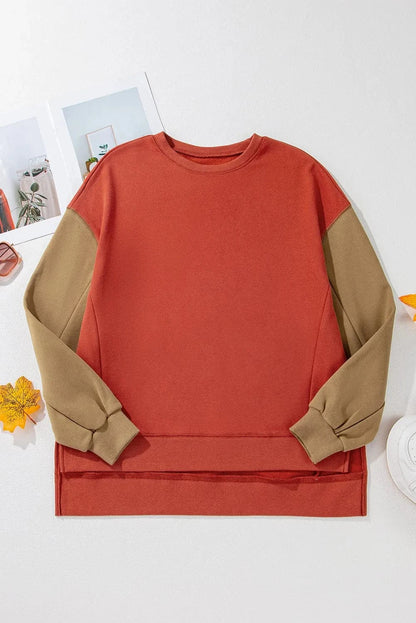 Color-blocked round neck long sleeve sweatshirt