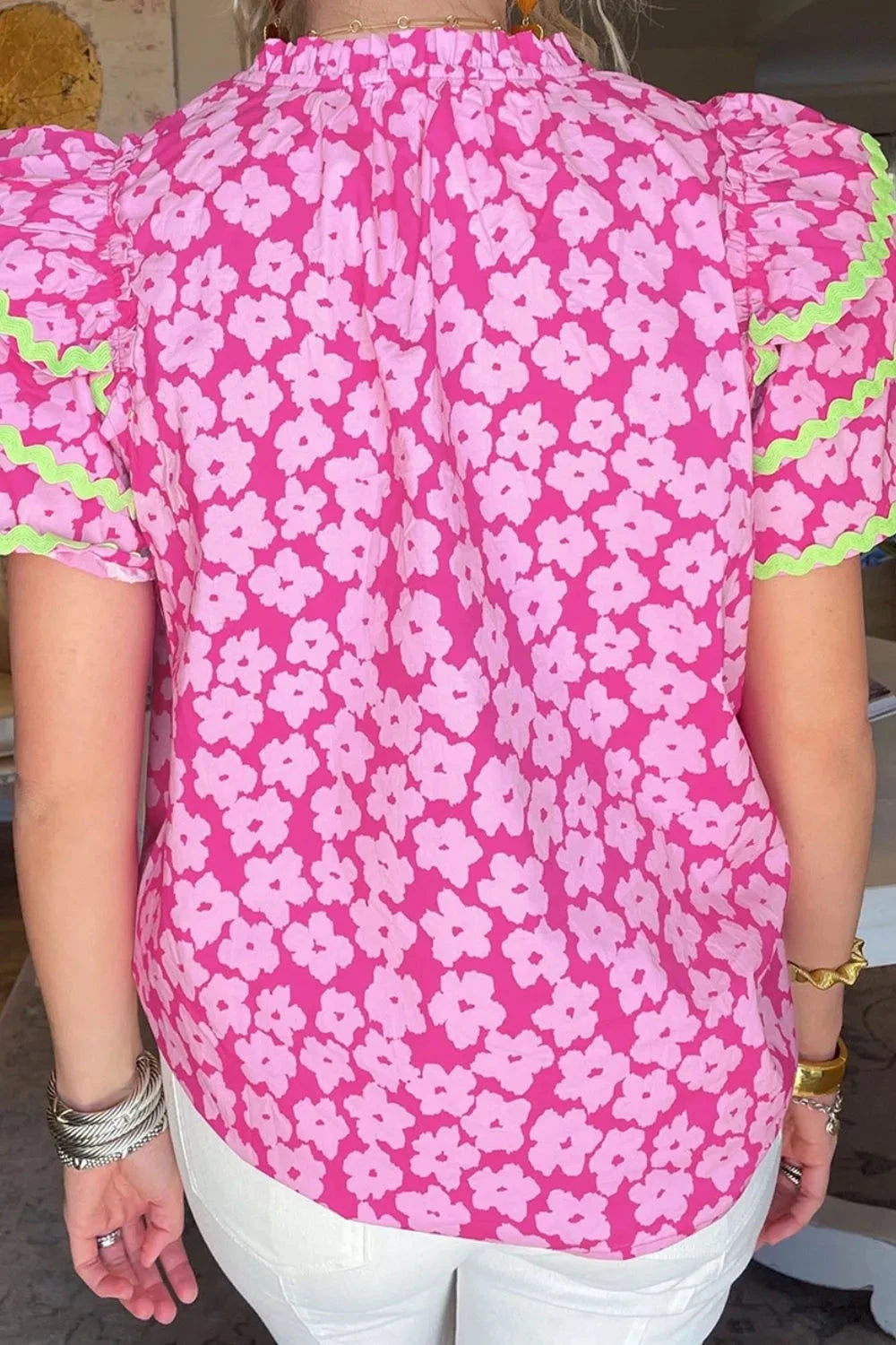 Printed V-Neck Flounce Sleeve Blouse Coco’s Tee Boutique