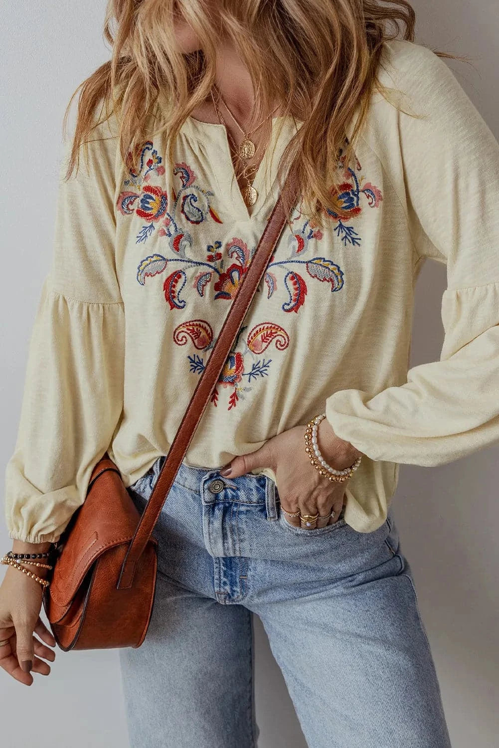 Embroidered sheer long sleeve top