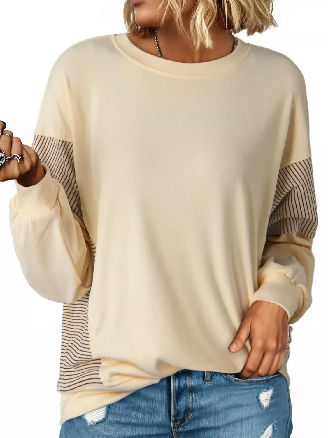 Color Block Striped Sleeve Casual Sweatshirt Simply Love