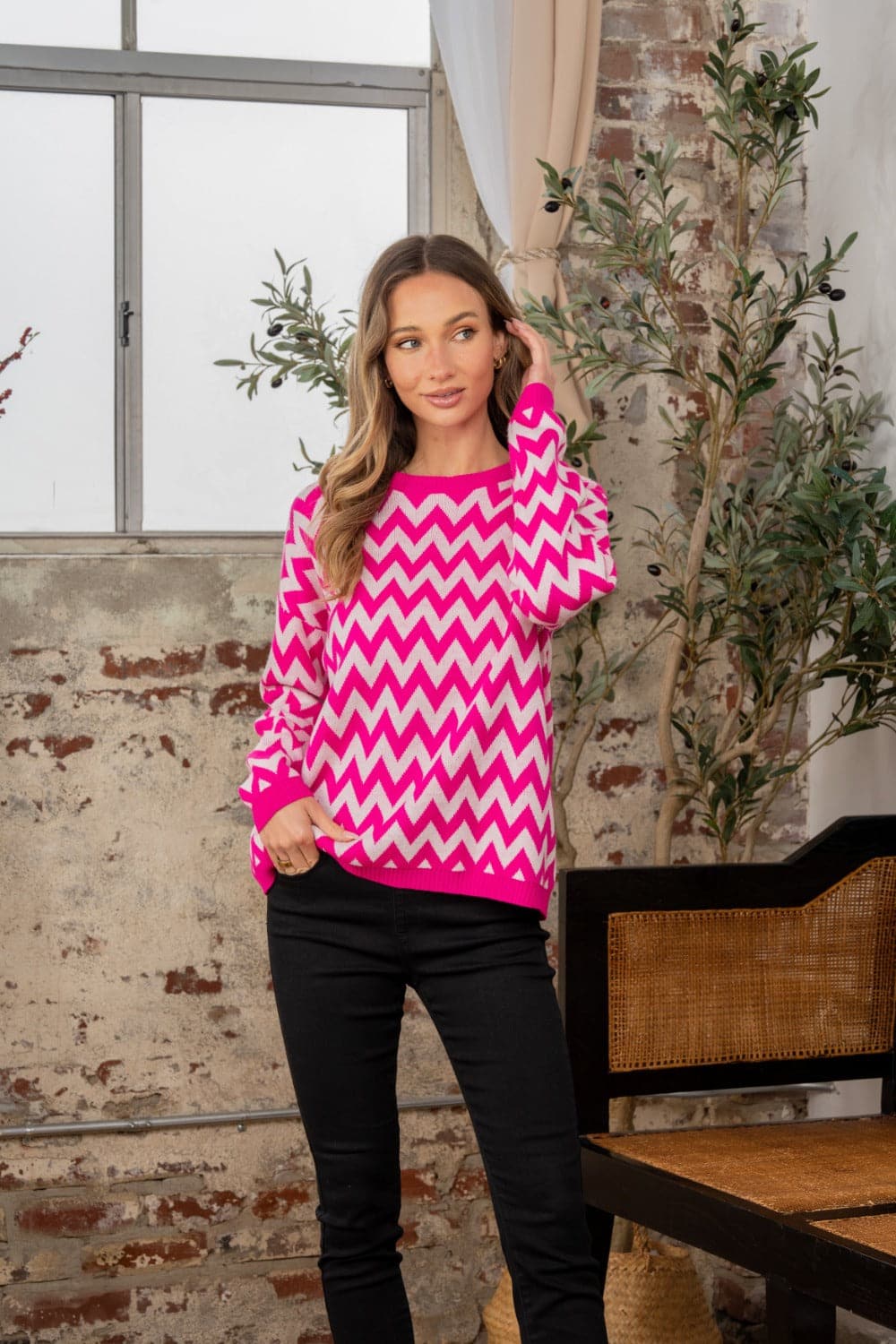 Sew In Love Full Size Wave Stripe Contrast Long Sleeve Sweater.