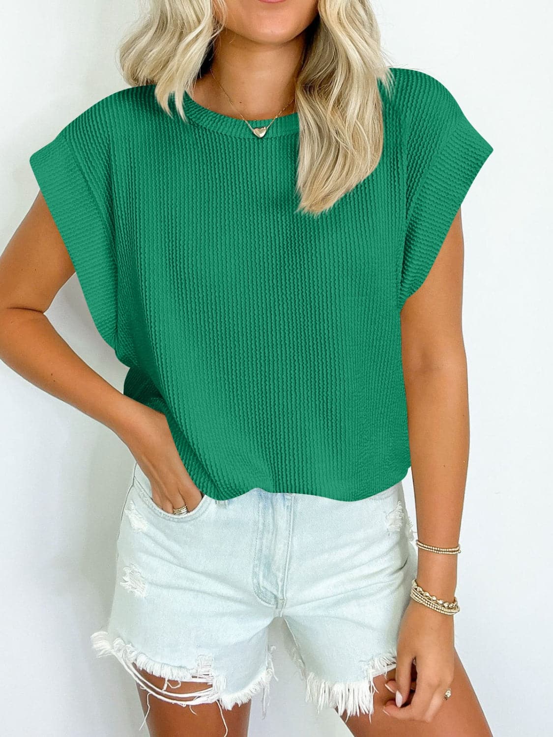 Textured Round Neck Cap Sleeve Blouse.