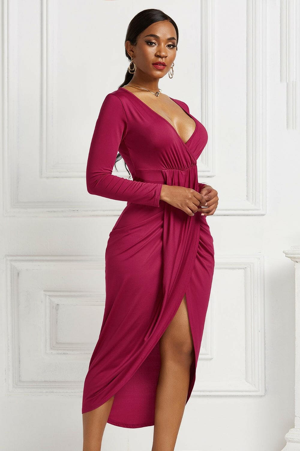 High-low Ruched Surplice Long Sleeve Dress.