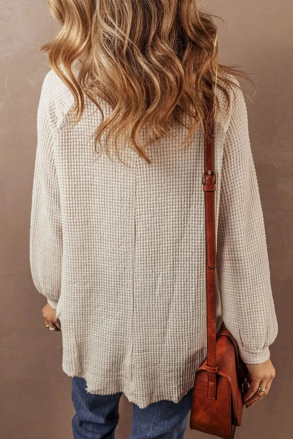 Waffle-Knit Long Sleeve Half Button Top with Round Neck