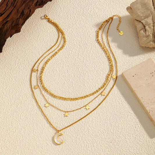 18K Gold Plated Moon Layered Necklace With Star Charms Simply Love