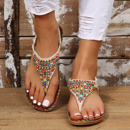 PU Leather Beaded Flat Sandals.