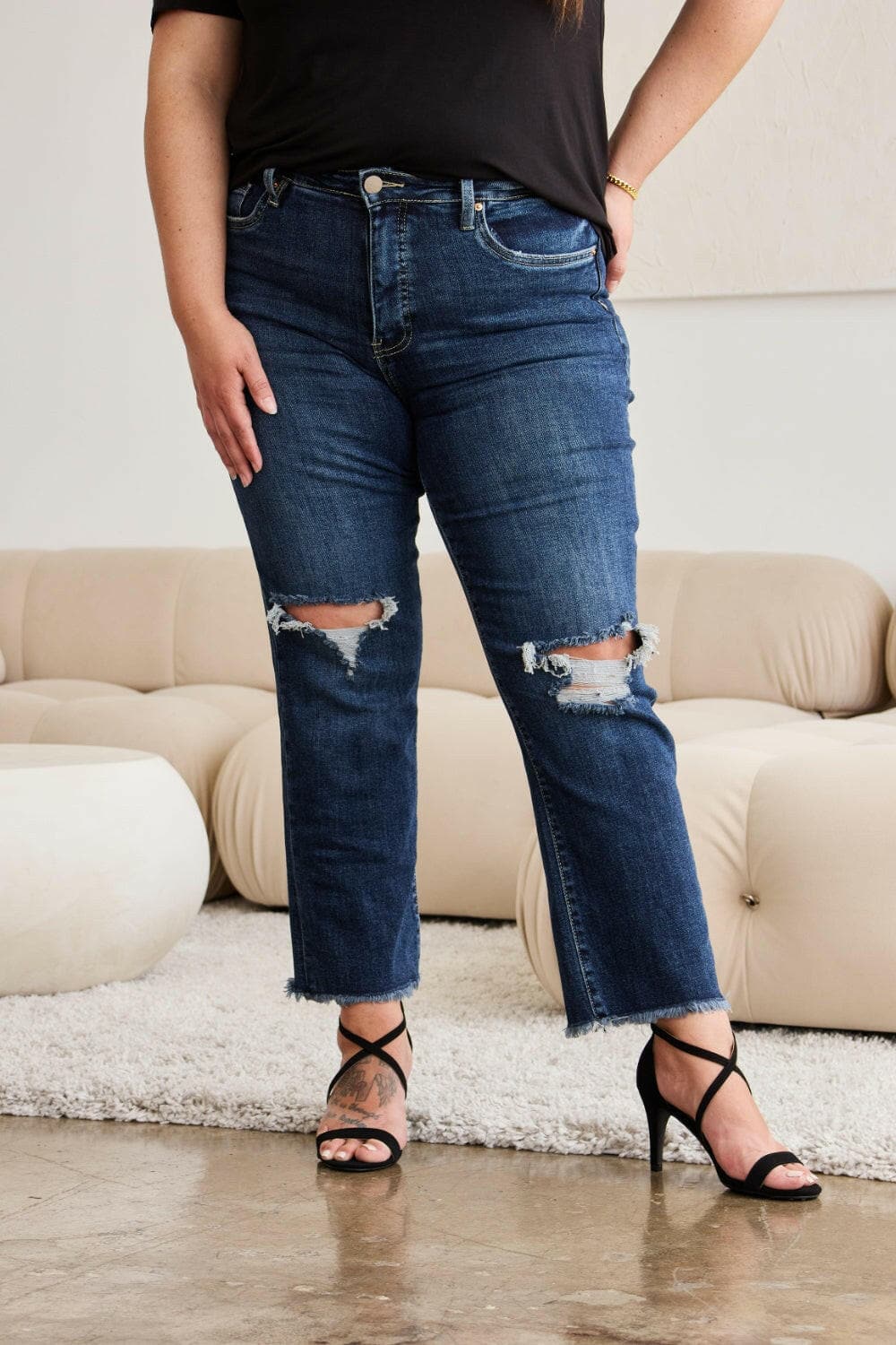 RFM Full Size Tummy Control Distressed High Waist Raw Hem Jeans.