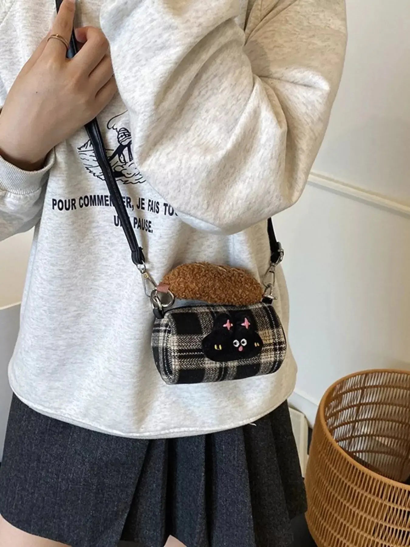 Plaid Pattern Plush Trim Crossbody Bag Simply Love