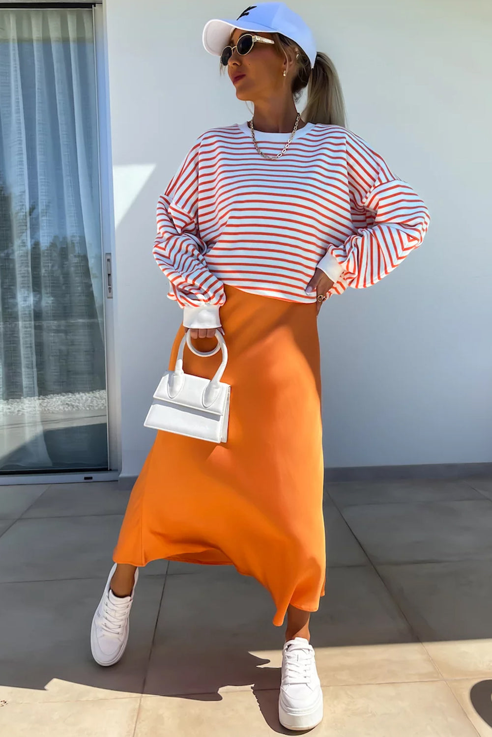 Chic orange stripe oversized crew neck sweatshirt