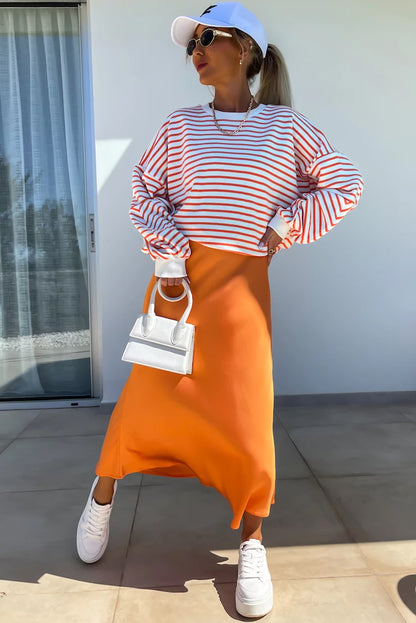 Chic orange stripe oversized crew neck sweatshirt