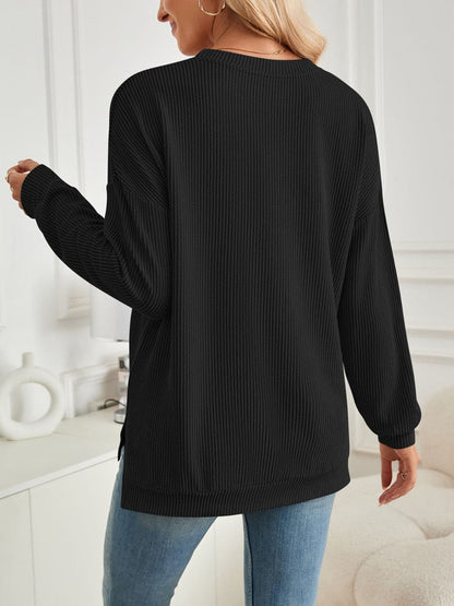 Slit Round Neck Long Sleeve Sweatshirt.