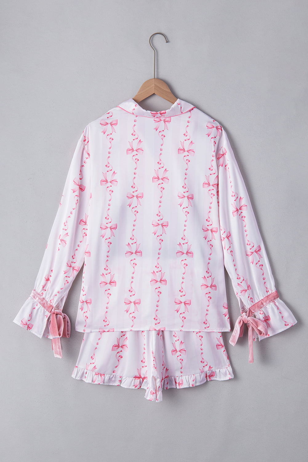 Pink Satin Bow Bell Sleeve Shirt and Ruffled Shorts Pajama Set