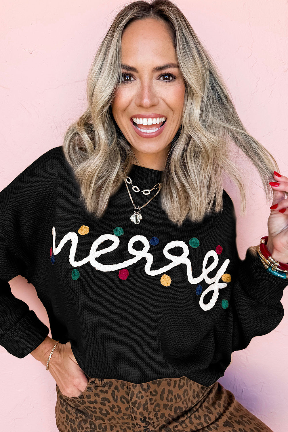 Black Merry Christmas Sweater With Colorful Dot Detail And Drop Shoulder Dear-Lover Dropshipping