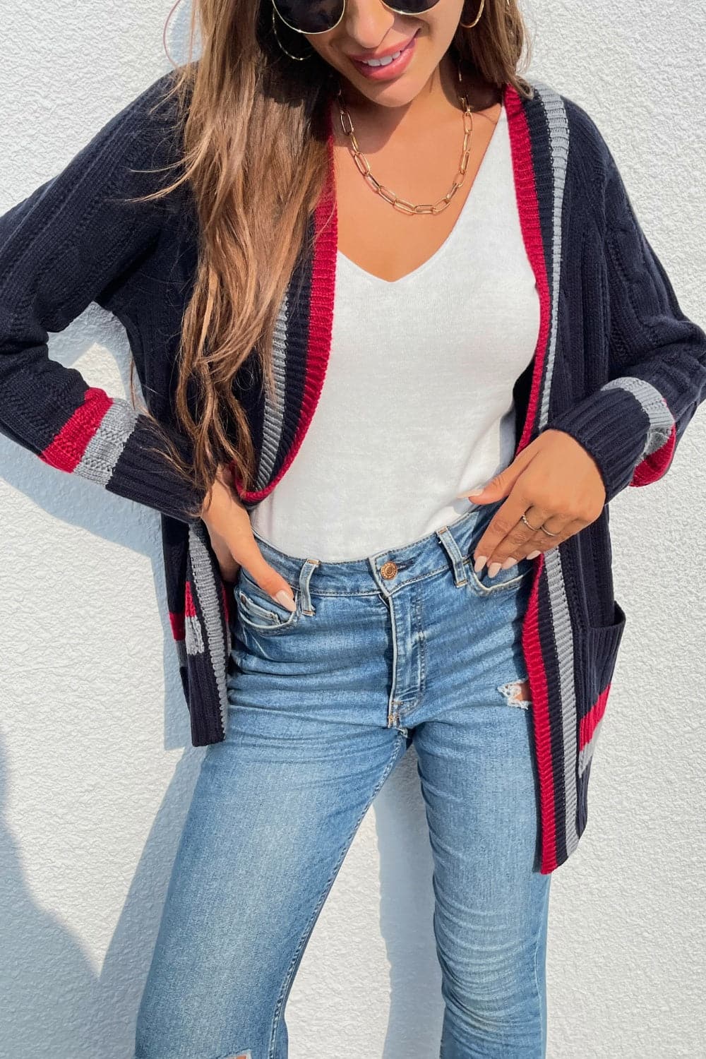 Open Front Striped Long Sleeve Cardigan.