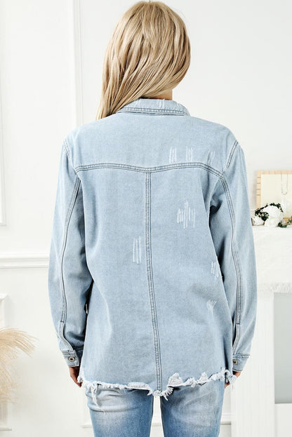 Distressed Button Up Frayed Hem Denim Jacket.