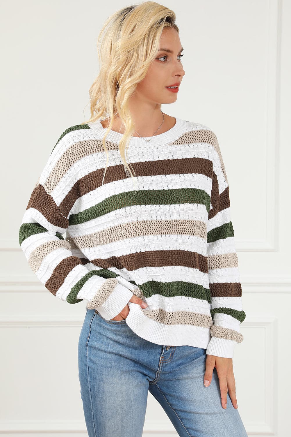 Striped Openwork Dropped Shoulder Sweater.