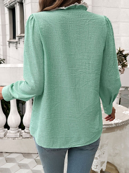 Lace Detail Ruffled Round Neck Long Sleeve Shirt.