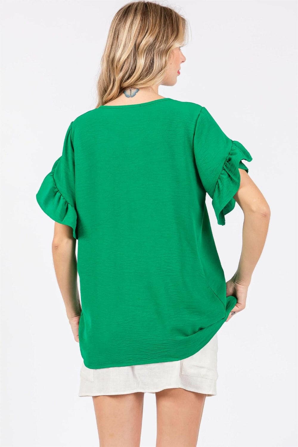 GeeGee Ruffled Short Sleeve V-Neck Blouse.