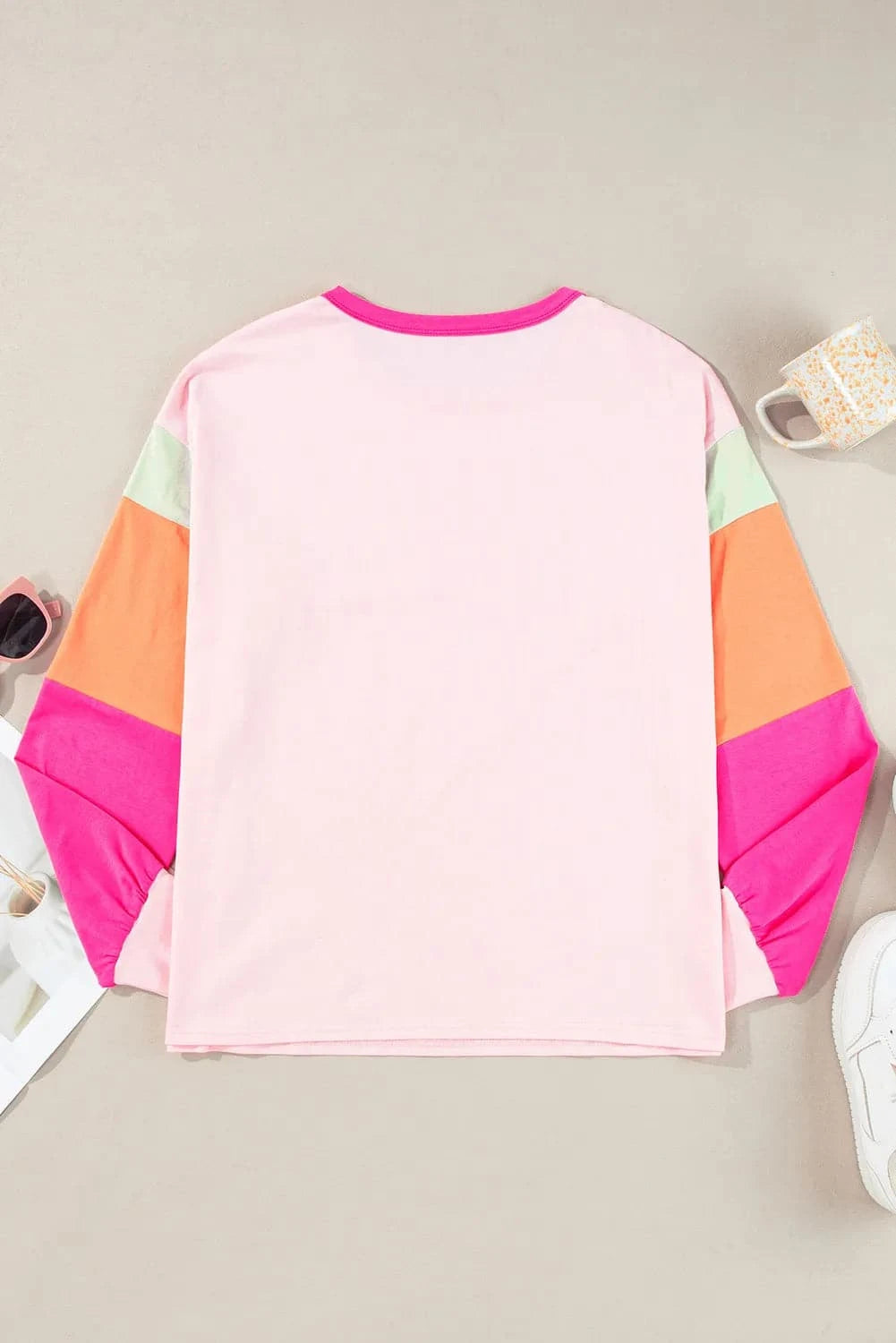 Color Block Round Neck Long Sleeve Top.