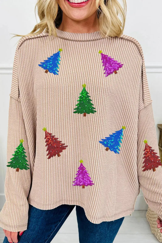 Sequin Christmas Tree Exposed Seam Drop Shoulder Ribbed Long Sleeve Top Simply Love