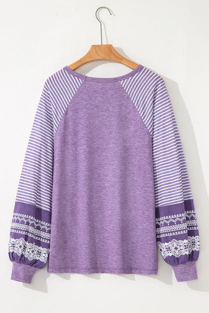 Tillandsia Purple Contrast Print Striped Raglan Long Sleeve