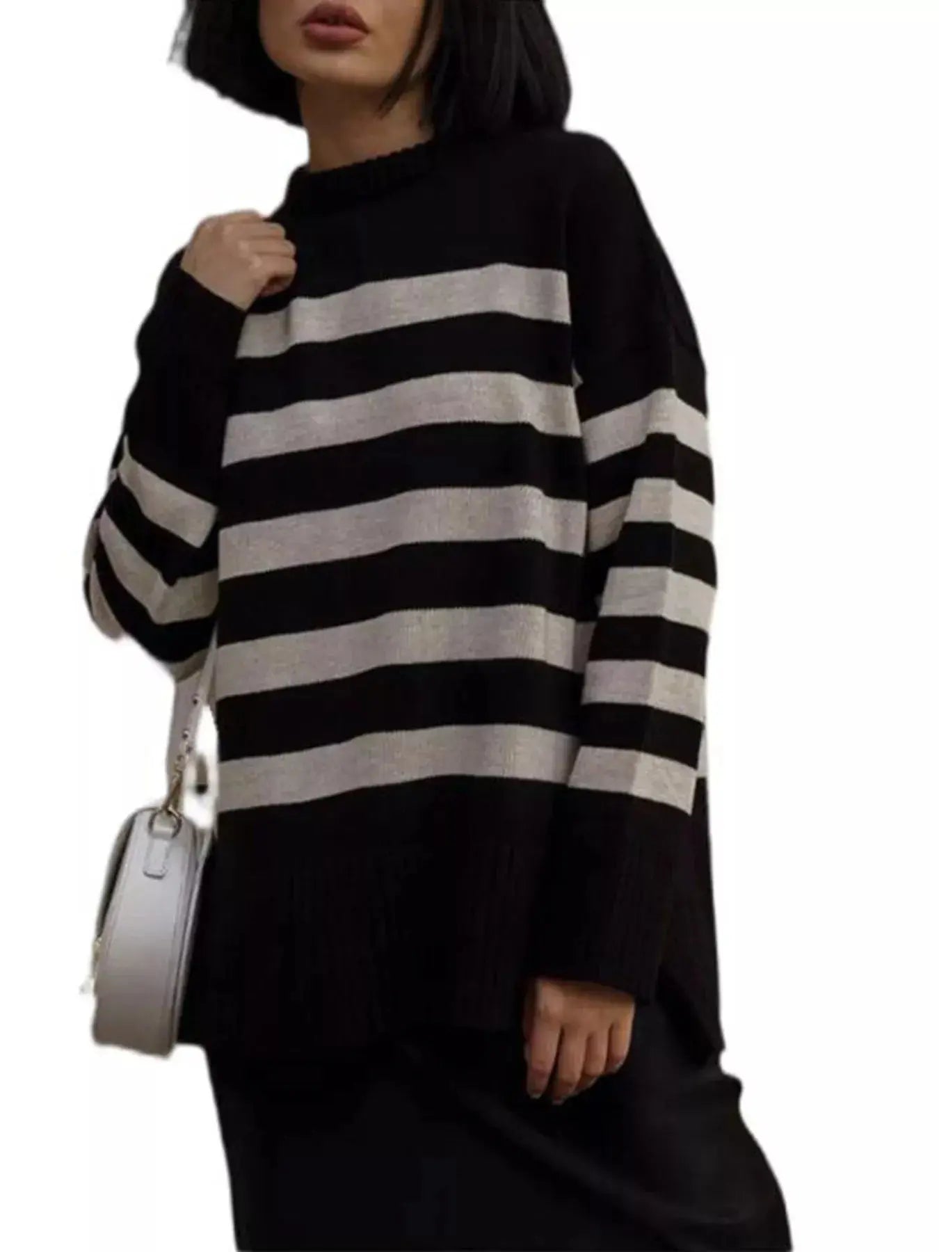 Oversized Striped Knit Sweater With Side Slits Ribbed Simply Love