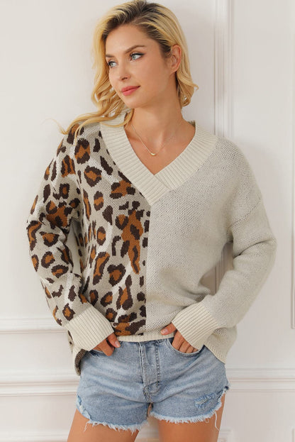 Leopard V-Neck Dropped Shoulder Sweater.