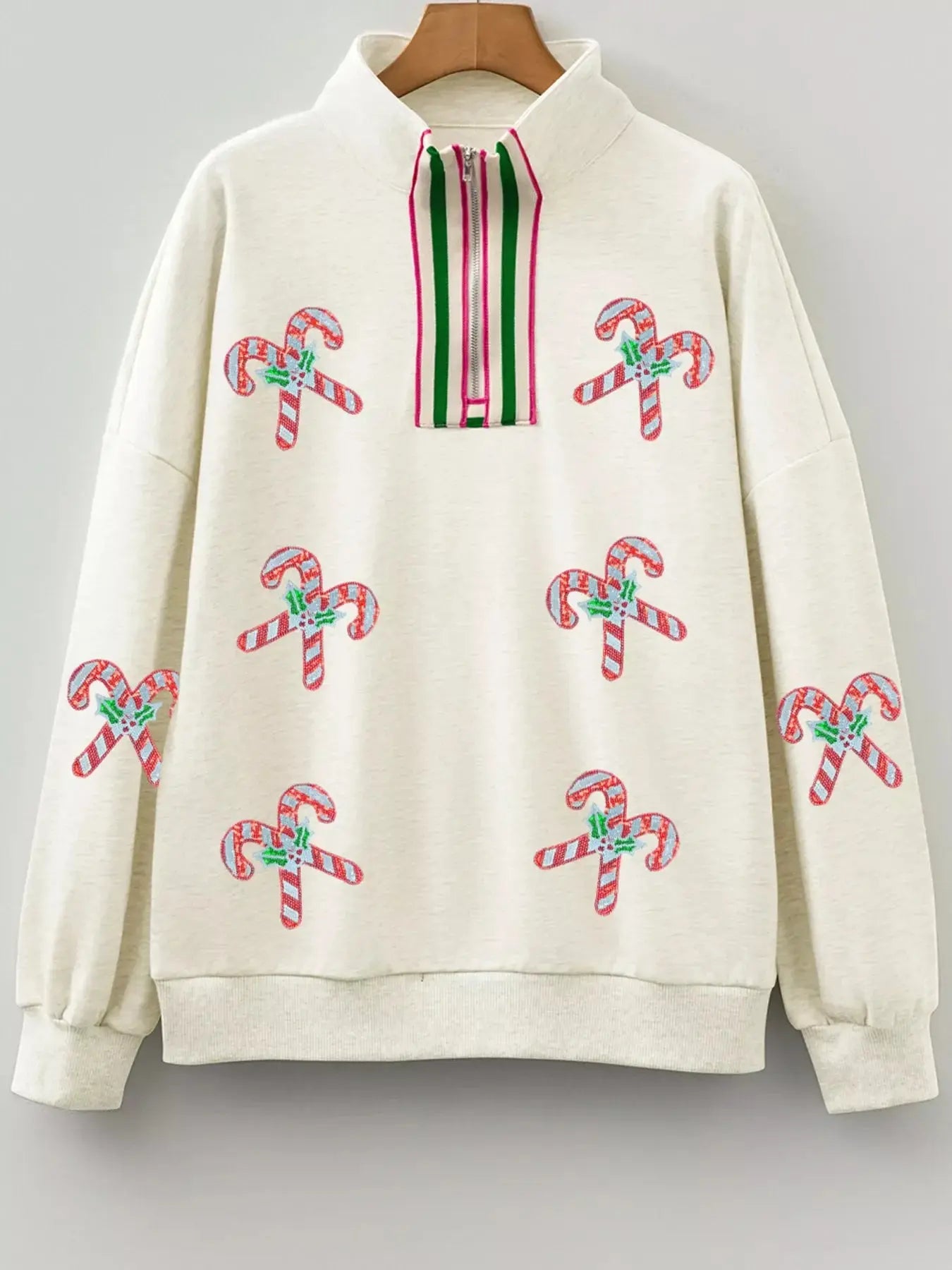 Sequin Candy Canes Contrast Collar Patchwork Loose Sweatshirt Simply Love