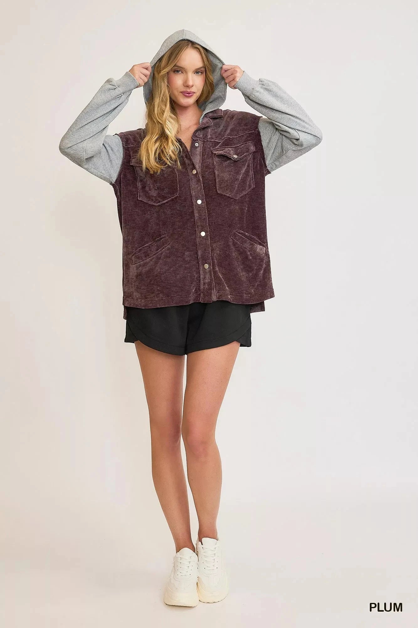 Umgee Contrast Hooded Chenille Jacket With Double Pockets Simply Love