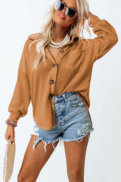 Collared Long Sleeve Waffle-Knit Shirt with Pocket