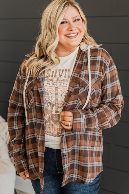 Cozy brown plaid hooded jacket for plus sizes