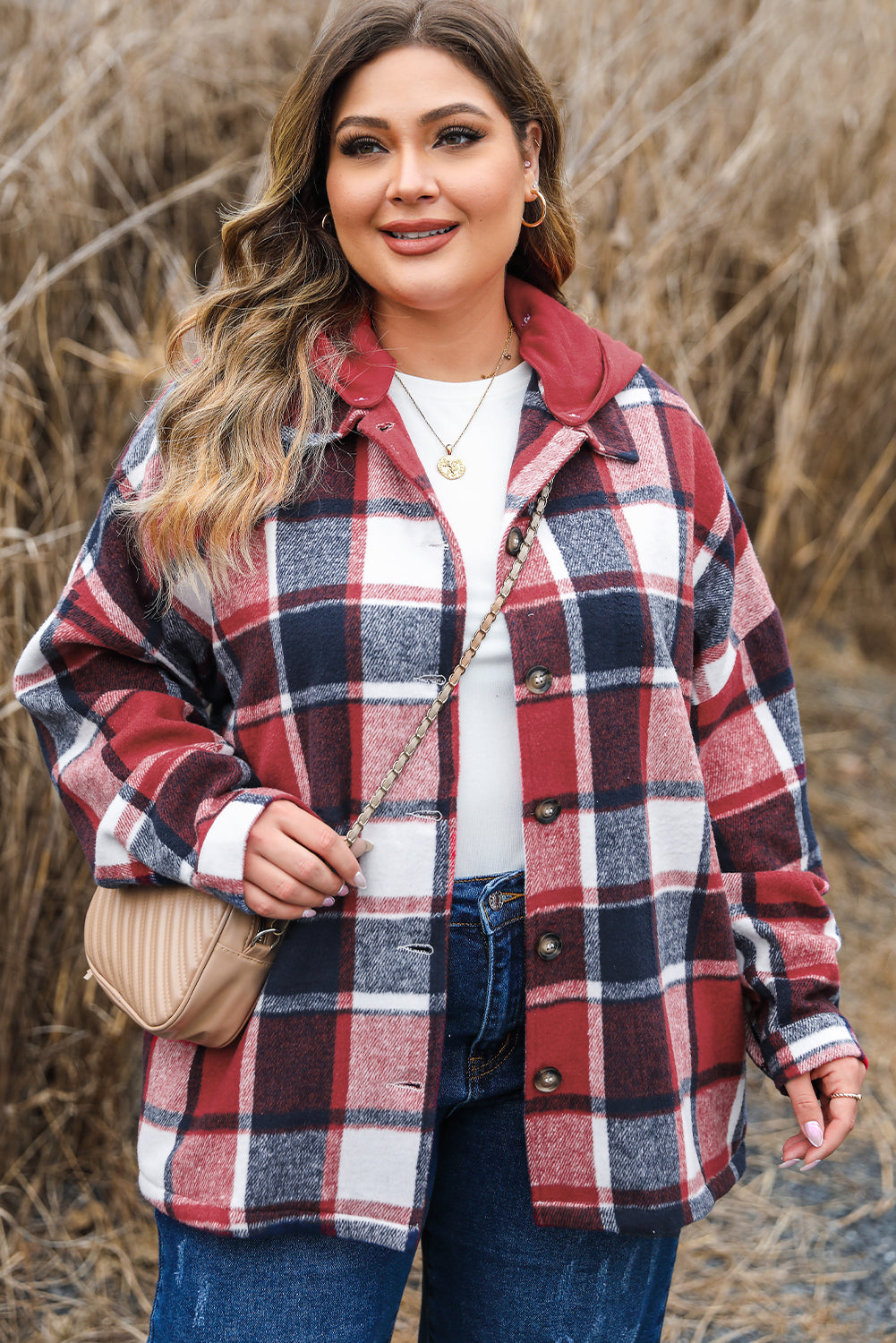 Bold red plaid plus size hooded button-up jacket