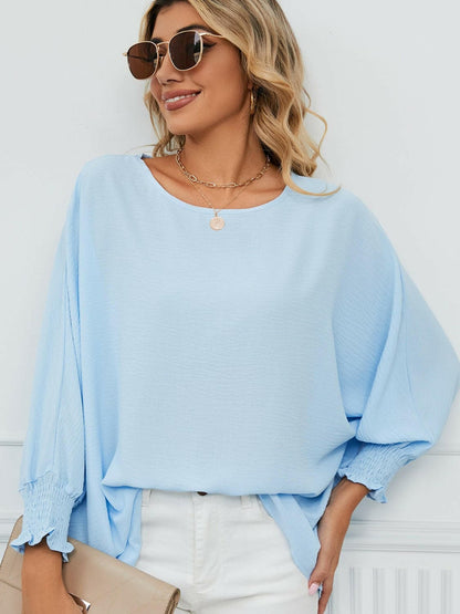 Smocked Lantern Sleeve Round Neck Blouse.