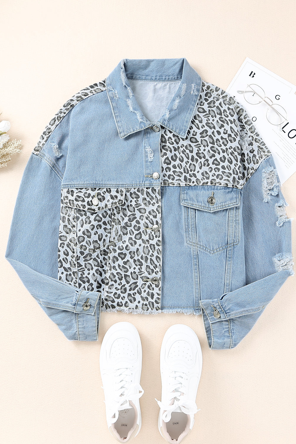 Fierce and trendy plus size leopard cropped denim jacket