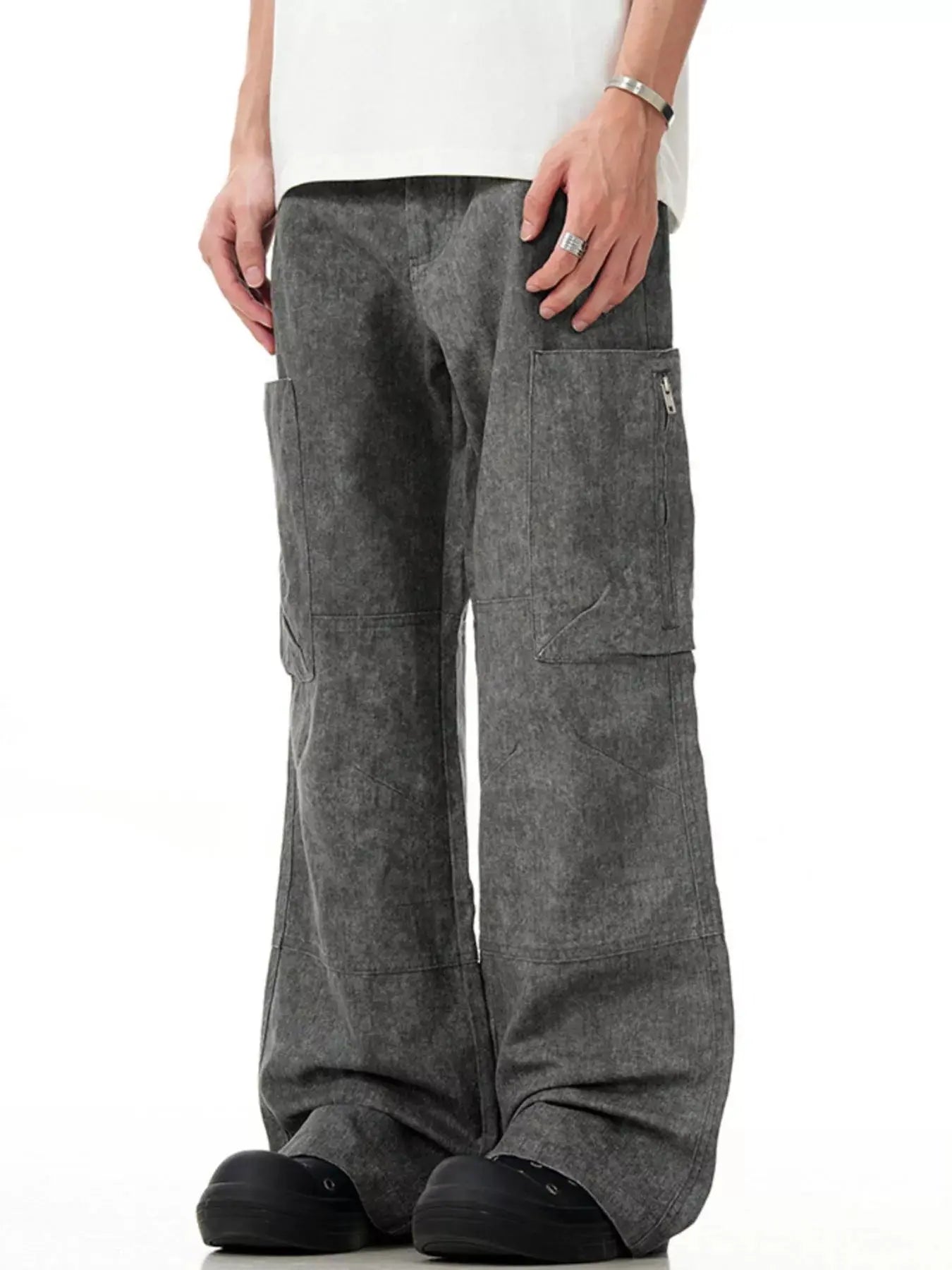 Men's Wide Leg Cargo Pants With Pockets Polyester Spandex Blend Simply Love