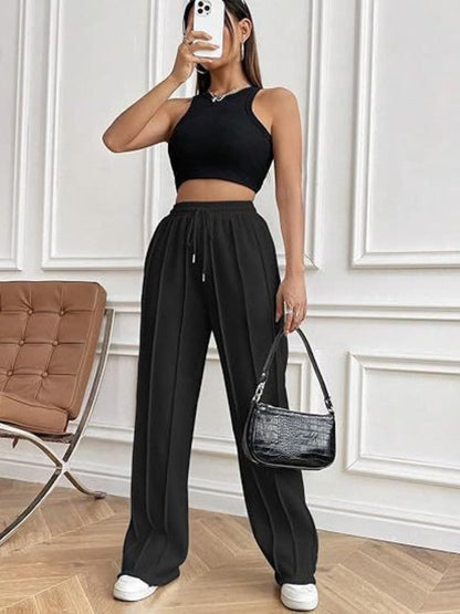 Versatile drawstring wide-leg trousers with convenient pockets