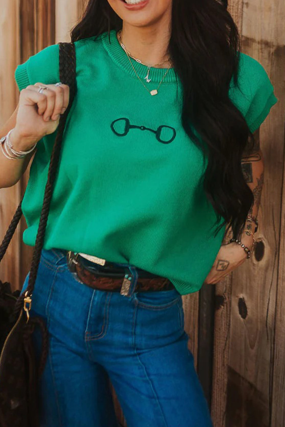 Bright Green Horse Bit Embroidered Loose Short Sleeve Sweater Dear-Lover Dropshipping