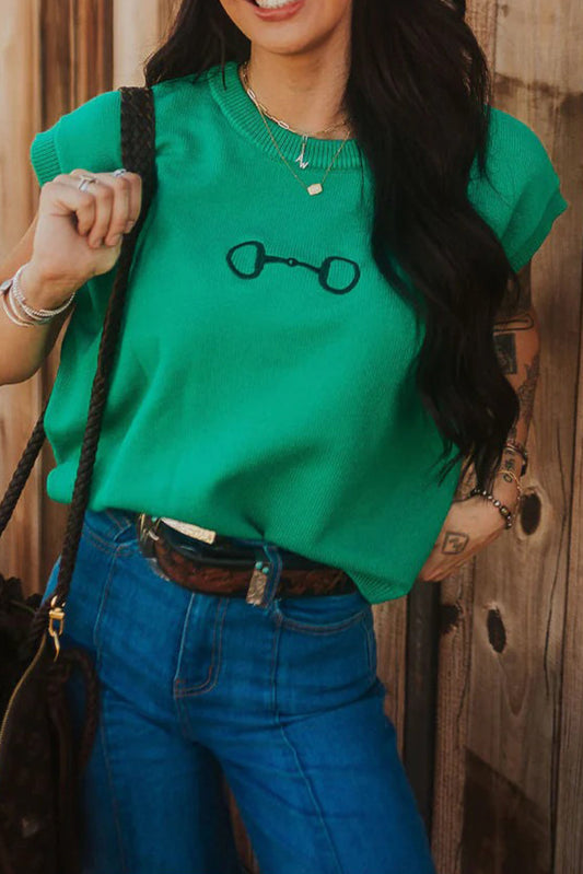Bright Green Horse Bit Embroidered Loose Short Sleeve Sweater Dear-Lover Dropshipping